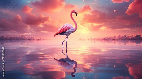 A flamingo stands on one leg on a cloud drifting over a pink-tinted lake at sunset, macro photography