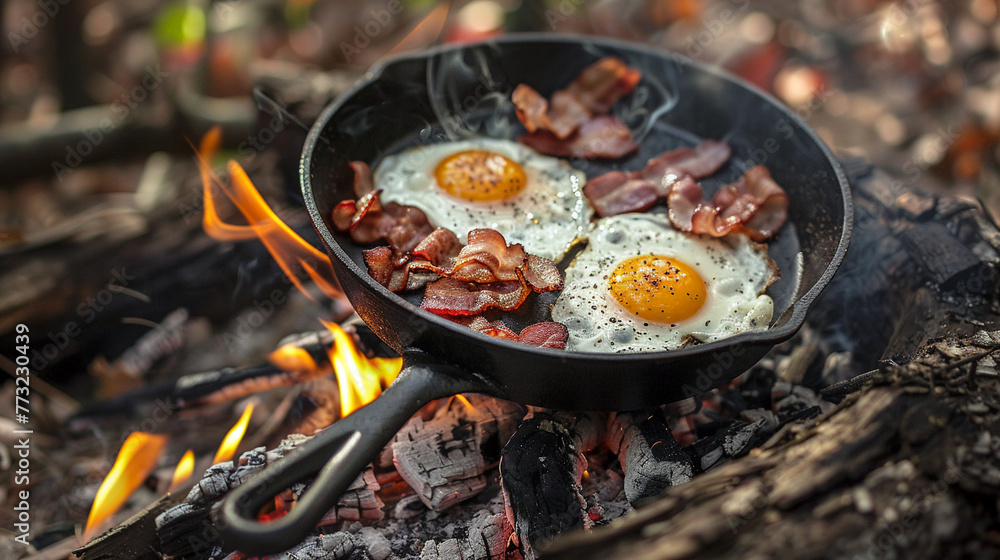 A hearty camping breakfast sizzles in a cast iron skillet over an open flame, featuring crispy bacon and perfectly fried eggs A hearty camping breakfast sizzles in a cast iron skillet over an open flame, featuring crispy bacon and perfectly fried eggs