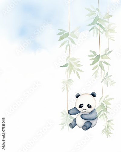 A panda clings to a floating cloud above a bamboo forest  lazily munching leaves as it drifts by  children book watercolor clipart