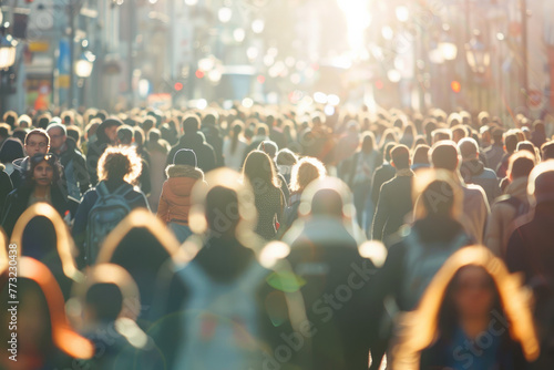 A crowd of people walking down the street, with a blurred background and blurred faces