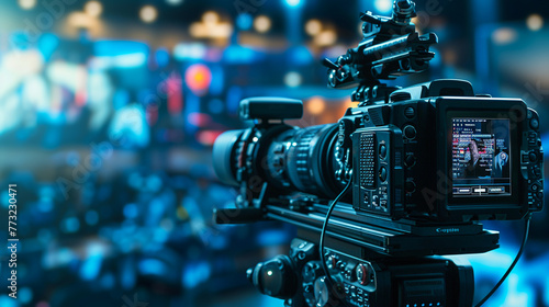 A high-tech video camera with a digital display zooms in on an interview, set against a blurred studio background, highlighting the intricate processes in television and movie production.