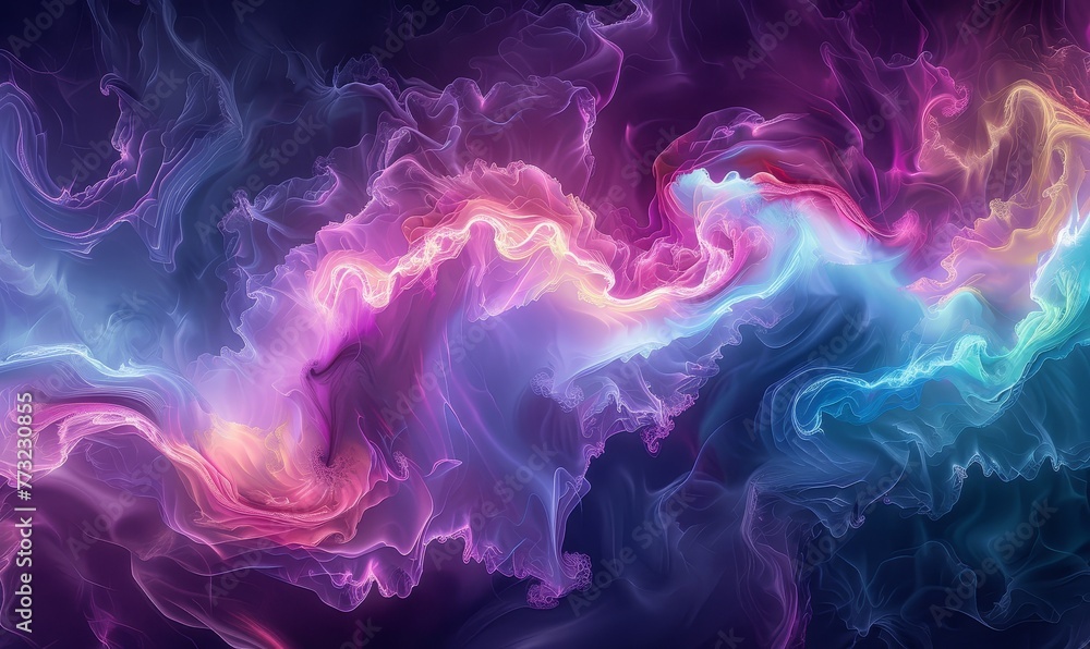 Fluid abstract visuals, a mesmerizing dance of neon pinks, electric blues, and glowing greens, resembling cosmic auroras, ultra-high definition digital art, colorful background - obrazy, fototapety, plakaty 