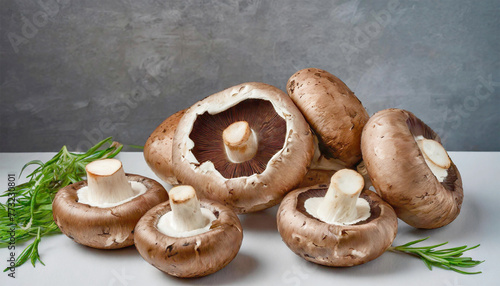 Raw fresh portabella mushrooms on a clean backdrop. photo