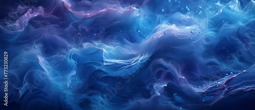 Fluid abstract backgrounds, swirling patterns of blues and purples, giving the impression of a deep, endless ocean wave, photorealistic