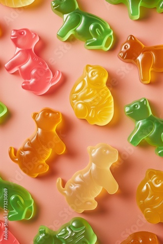 Animalshaped gummies, 3D render, bright studio lighting, closeup, colorful, playful detail , advertise photo