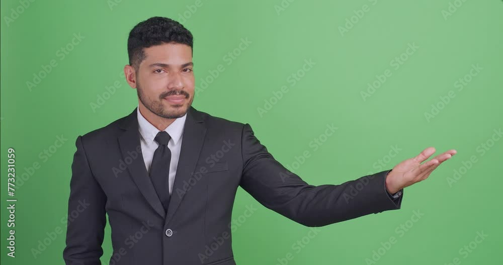 Asian businessman in a black suit showing something or copy space for product or sign text. Isolated on green background in studio. Asian businessman in a black suit showing something or copy space for product or sign text. Isolated on green background in studio.
