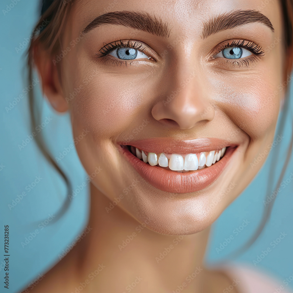 beautiful woman smiling with white teeth on blue background, beautiful woman smiling with white teeth on blue background,