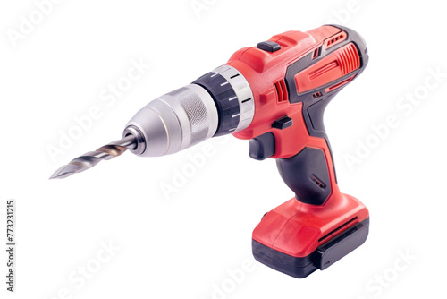 A red cordless drill with a sharp metal drill, transparent or isolated on white background