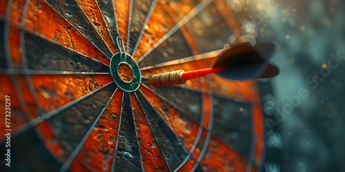 A red dartboard with a black arrow hitting the center symbolizing customer focus and relationship management. Concept Customer Focus, Relationship Management, Targeting Excellence, Business Strategy