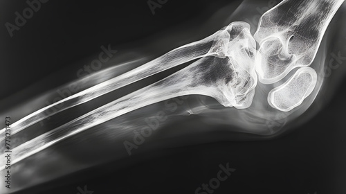 Un aperçu révélateur : une radiographie détaillée révèle les subtilités de l'articulation et de la jambe du genou humain sur un fond bleu serein photo