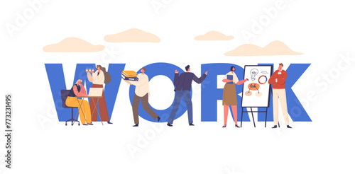 People Work In Office Concept. Characters Collaborating, Attending Meetings, And Using Computers To Accomplish Tasks