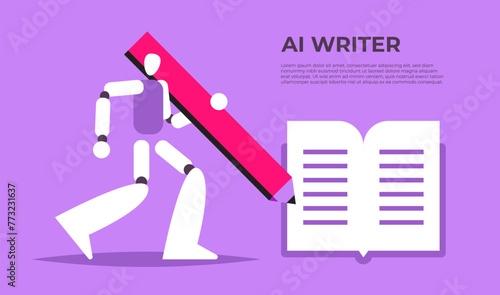 AI Robot with pencil, deep in thought, makes notes in a book. Copywriter or blogger, creative idea and inspiration. Imagination for success at work. Talent and skills concept. Flat vector illustration