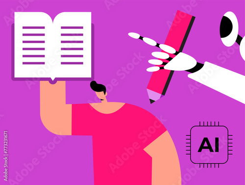 AI Robot and boy, deep in thought, makes notes in a book. Copywriter or blogger, creative idea and inspiration. Imagination for success at work. Talent and skills concept. Flat vector illustration.