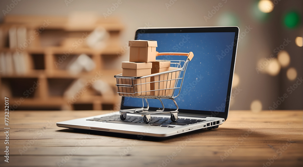 Online shopping concept with cart full of boxes on top of laptop computer. E-commerce.