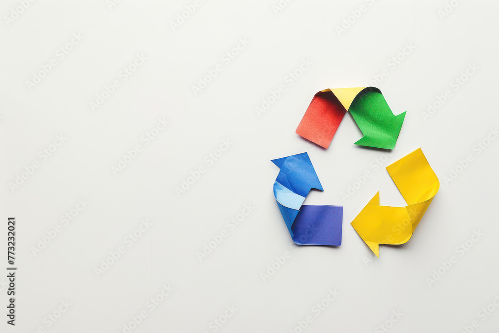 Top view of a vibrant, multicolored paper recycle symbol isolated on a white background, symbolizing the diversity of recycling Top view of a vibrant, multicolored paper recycle symbol isolated on a white background, symbolizing the diversity of recycling
