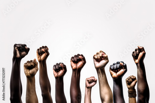 A group of people are holding up their hands in a fist, with some of them having their hands on their hips. Concept of unity and strength photo
