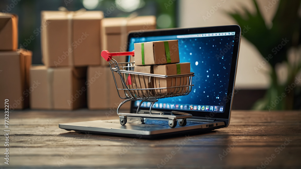 Online shopping concept with cart full of boxes on top of laptop computer. E-commerce. Online shopping concept with cart full of boxes on top of laptop computer. E-commerce.