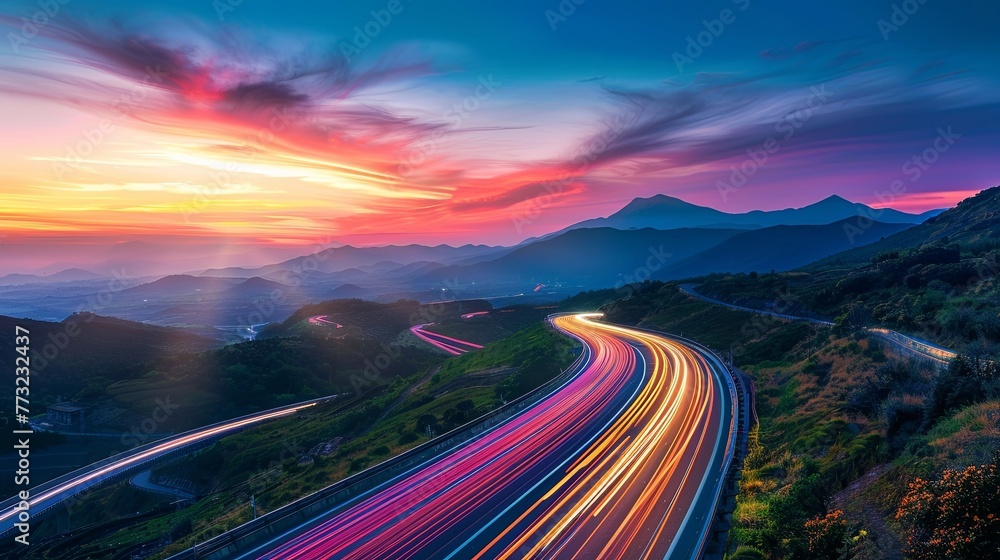 Highway road with car light trails at beautiful colorful sunrise in mountains landscape