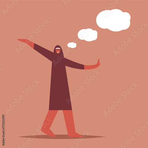 Happy dreamy Arab woman. Girl looks to the side with excited interest. Female character dreams, thinks. Flat vector illustration. © artcitysoul