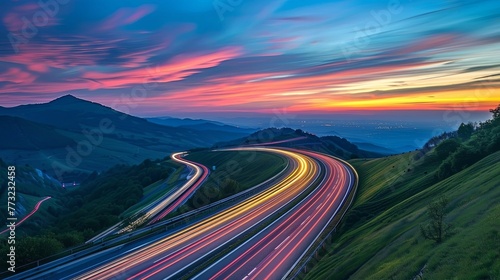 Highway road with car light trails at beautiful colorful sunrise in mountains landscape © K'kriang Krai