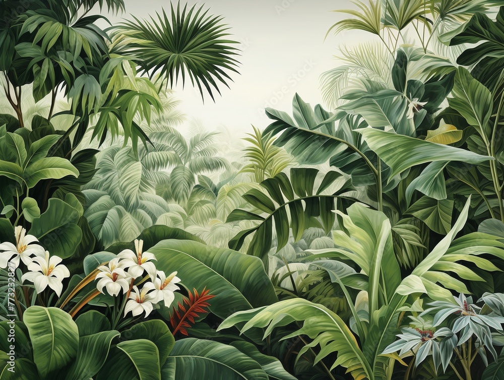 Fototapeta premium An artistic representation of a tropical paradise with detailed leaves and plants