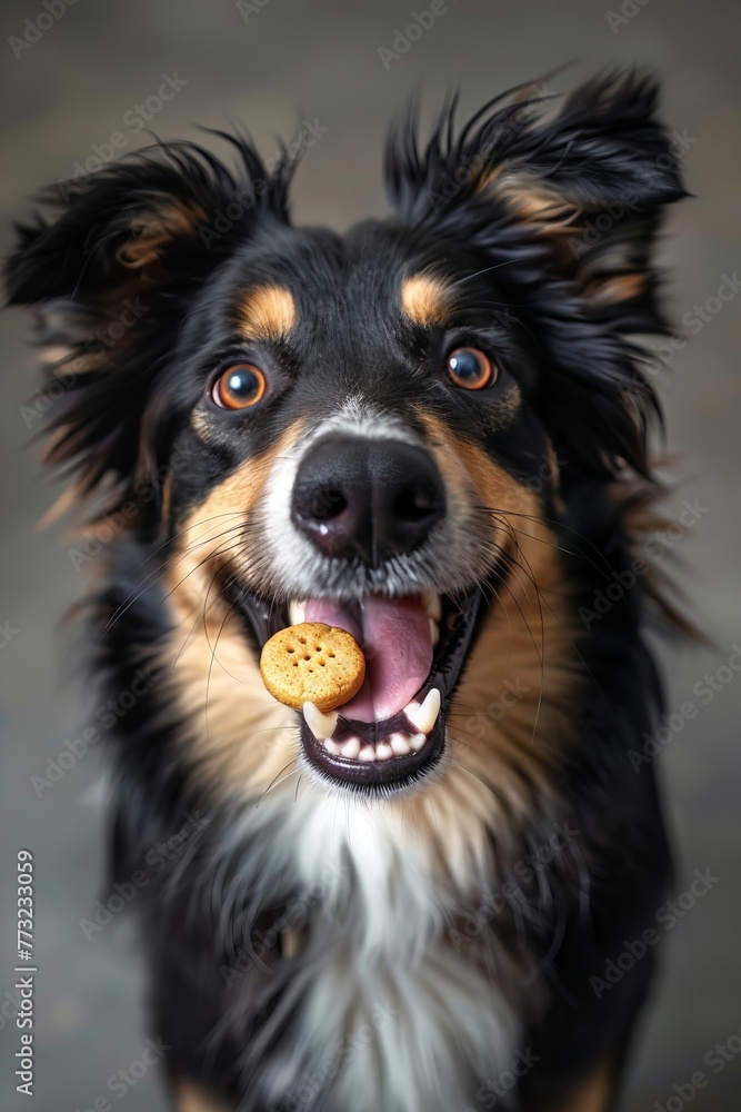 Happy dog with treat reward, focus on eyes, natural morning light, vibrant colors , advertise photo