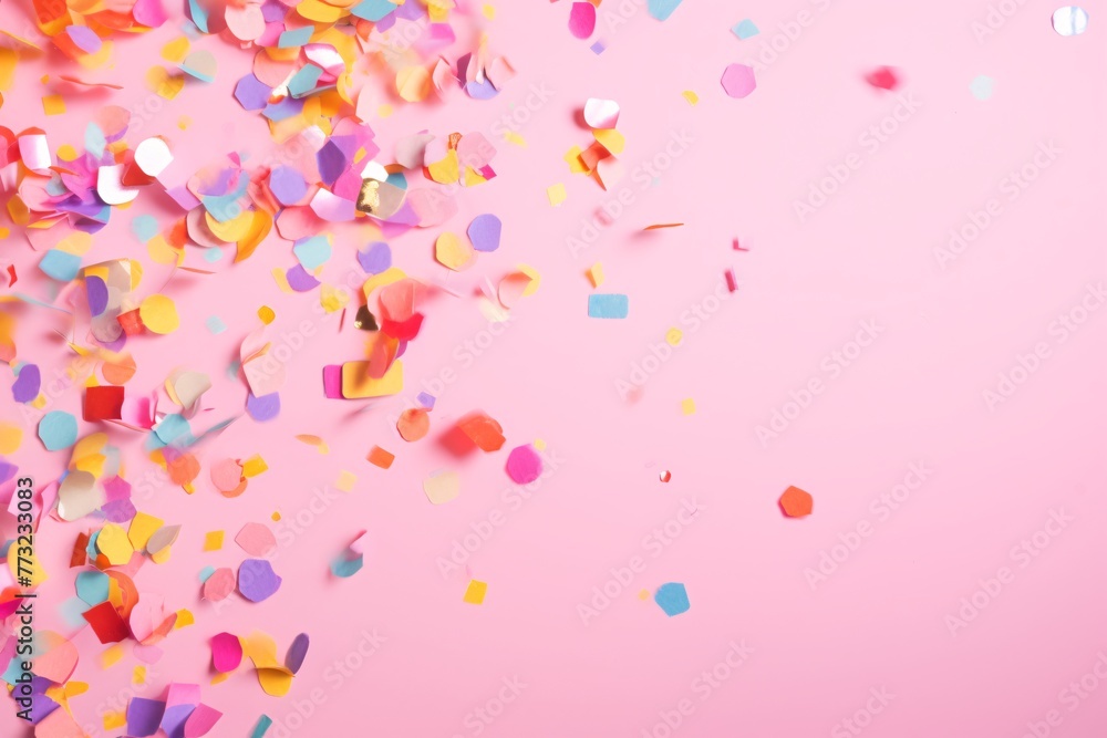 a group of confetti on a pink background
