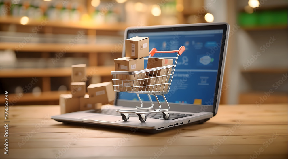 Online shopping concept with cart full of boxes on top of laptop computer. E-commerce.