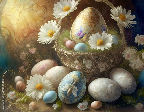 Magical composition featuring an easter basket adorned with ornate eggs among daisies