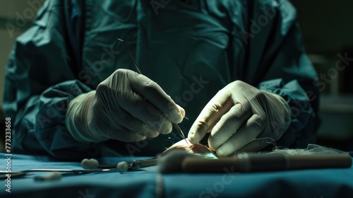 A surgeon stitching up an incision site after surgery.  photo