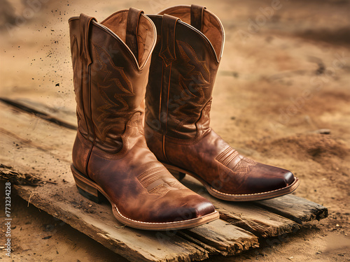 A pair of worn cowboy boots. The boots are made of weathered leather, with intricate stitching and a classic design.