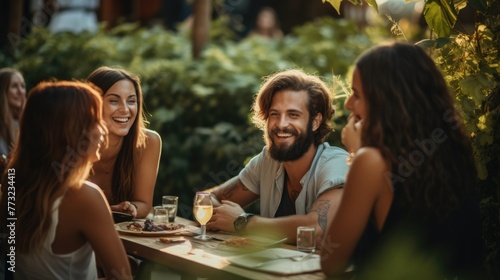Large group of friends  millennial people with friend enjoying a fun-filled social gathering at an outdoor restaurant  friendship and social gathering concept  Generative AI