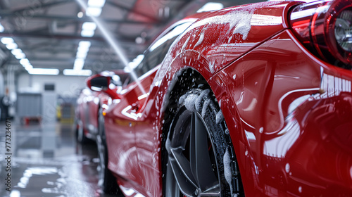 A red performance car receives premium treatment at a professional detailing shop, where an automotive detailer expertly applies a high-pressure washer to cleanse away layers of smart soap and foam.
