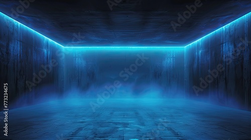 A modern, futuristic blue-lit geometrical studio space with vibrant neon lighting and atmospheric haze, ideal for backgrounds with copy space.. Generative AI