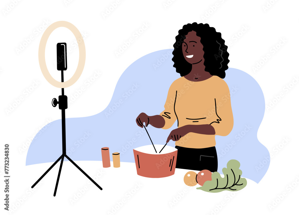 Fototapeta premium A woman blogger prepares a dish live. Broadcast from home via smartphone camera. Online cooking lessons. Vector illustration on white background
