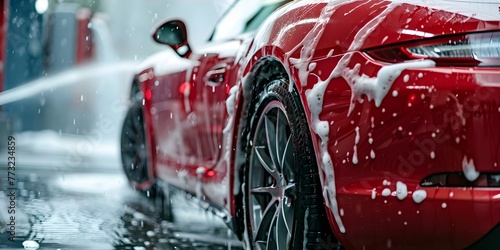 Red sports car getting washed under highpressure water at a car wash looking shiny and clean. Concept Car Wash, Red Sports Car, High-Pressure Water, Shiny and Clean © Anastasiia