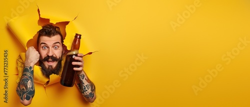 Man with tattoos and beard peeking with a surprise expression, holding a bottle, through torn paper