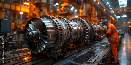 Workers assembling gas turbines in a factory for mechanical engineering. Concept Mechanical Engineering, Gas Turbines, Factory Assembly, Industrial Workers, Engineering Process