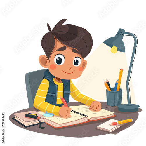 Cute little boy doing homework at home. Vector cartoon illustration