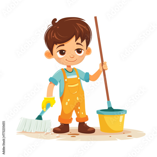 Cute little boy cleaning floor with mop and bucket vector illustration.