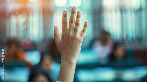 Close-up of a student's hand raising in class to ask a question. photo