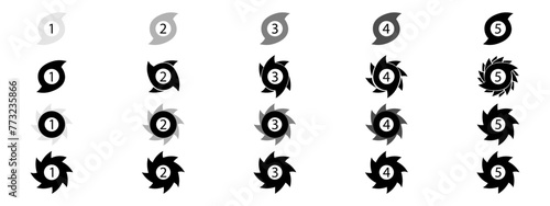 Stock illustrations on the theme Creative vector illustration of a black symbol of the hurricane scale indicator icon (type 1 to 5), isolated on a white aphid. Artistic design of a cowlick, typhoon, f