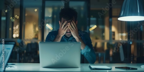 A stressed business person at a desk focused on a laptop showing signs of pressure in their professional life. Concept Stress at Work, Business Struggles, Mental Health, Work Pressure