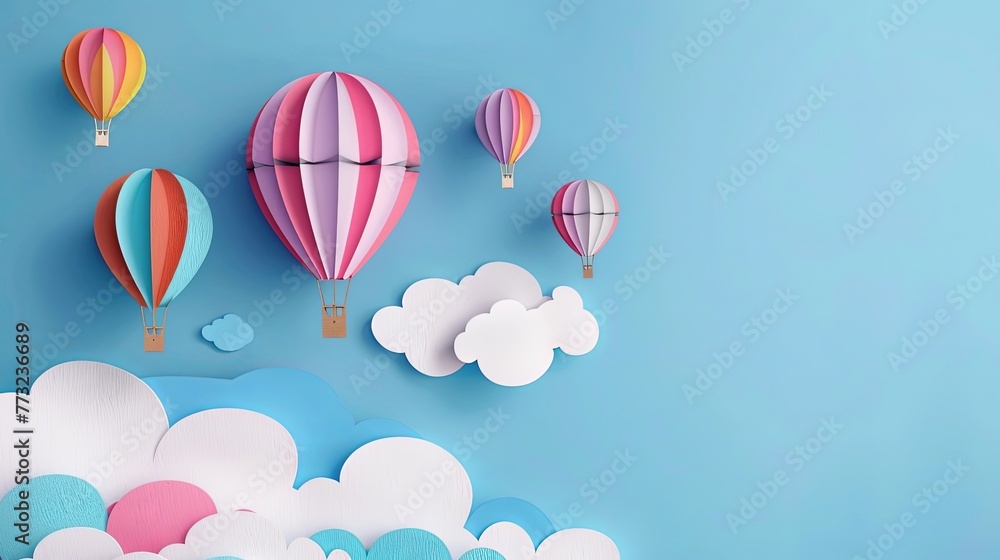 Fototapeta premium 3d paper cut style colorful hot air balloons flying in the sky with clouds background