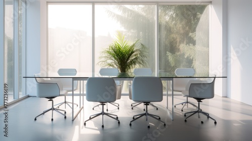 Front view of empty modern conference room with office table and chairs with white wall in glass room