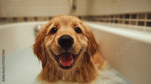 golden retriever puppy A cute Golden Retriever puppy is happy to be in the bathtub