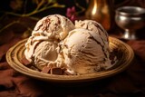 Exquisite ice cream on a rustic plate against a kraft paper background