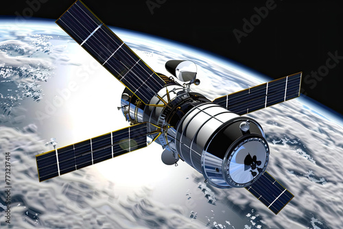 Research, probing, monitoring of in atmosphere. Communications satellite in orbit above the surface of the planet Earth