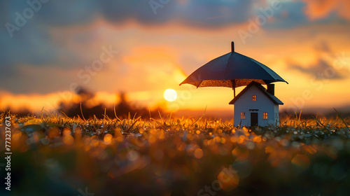 Model house under umbrella  clear skies ahead  dawn light  wide shot  promise of protection  new beginnings
