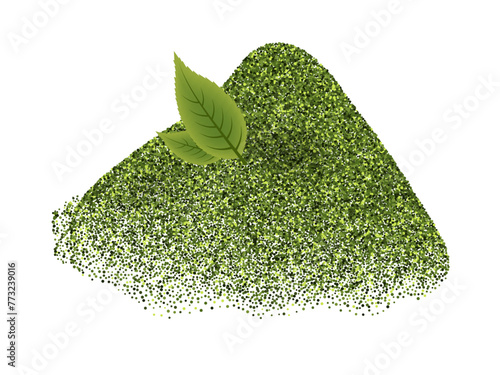 Matcha green tea powder splash, realistic pile with green leaves, natural ingredients. Isolated vector on white background